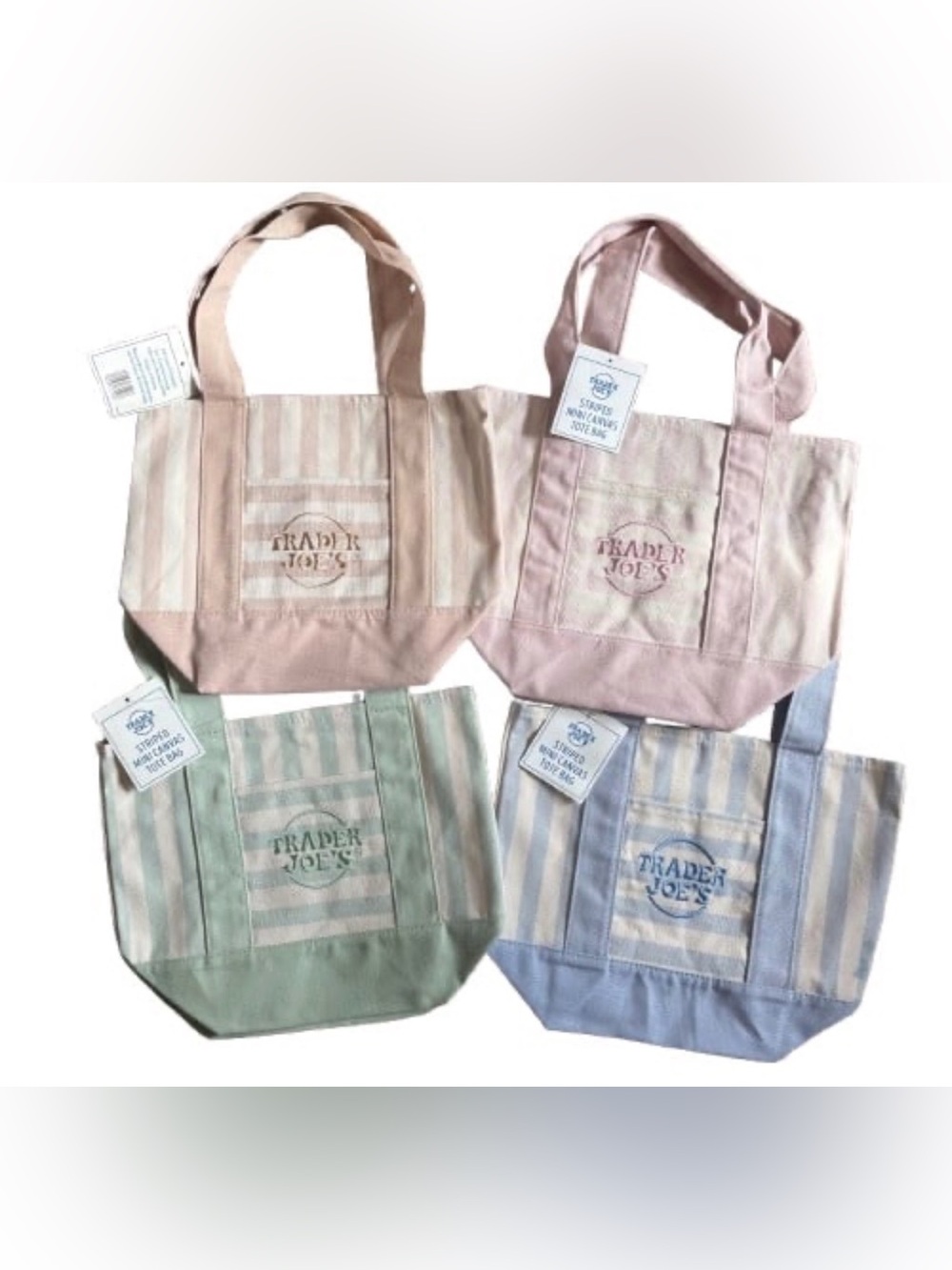 NWT Trader Joe’s Mini Pastel Striped Canvas Tote Bag  SET of 4 limited edition